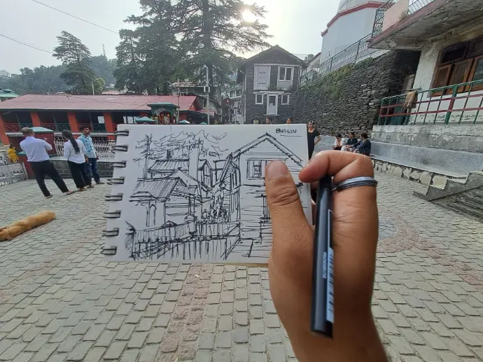 live sketch temple mcleodganj himanchal pradesh aleen bharati dharamshala